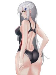 Rule 34 | 1girl, ass, back, bare shoulders, black one-piece swimsuit, blush, breasts, closed mouth, competition swimsuit, crossed bangs, facial mark, feet out of frame, girls&#039; frontline, green eyes, grey hair, highres, hk416 (girls&#039; frontline), huge filesize, large breasts, long hair, looking back, one-piece swimsuit, rynn (rynn cube), solo, standing, swimsuit, teardrop, wet, wet clothes, wet swimsuit, white background
