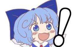 Rule 34 | !, 1girl, :3, :d, blue dress, blue eyes, blue hair, blush, blush stickers, bow, chibi, cirno, dress, gyate gyate, hair bow, hair ornament, hair ribbon, ice, ice wings, lowres, matching hair/eyes, meme, open mouth, portrait, ribbon, smile, solo, touhou, transparent background, v-shaped eyebrows, wings