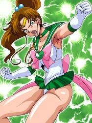 Rule 34 | 1girl, angry, armpits, bishoujo senshi sailor moon, breasts, brown hair, cleavage, earrings, electricity, gloves, green background, highres, inabakun00, jewelry, kino makoto, large breasts, leotard, long hair, lower teeth only, magical girl, ponytail, sailor jupiter, teeth, upskirt