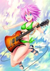 Rule 34 | 1girl, 440 (straight440), bikini, blue eyes, blush, breasts, cleavage, front-tie top, guitar, instrument, jumping, navel, open mouth, original, pink hair, plectrum, ribbon, sandals, short hair, side-tie bikini bottom, small breasts, smile, solo, swimsuit