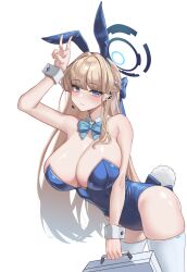 Rule 34 | 1girl, absurdres, animal ears, aqua bow, aqua bowtie, arm up, blonde hair, blue archive, blue eyes, blue hairband, blue leotard, blush, bow, bowtie, braid, breasts, cleavage, detached collar, fake animal ears, fake tail, hairband, halo, highleg, highleg leotard, highres, holding case, large breasts, leotard, long hair, looking at viewer, official alternate costume, playboy bunny, rabbit ears, rabbit tail, simple background, simsim han-u, solo, strapless, strapless leotard, tail, thighhighs, toki (blue archive), toki (bunny) (blue archive), v, white background, white thighhighs, white wrist cuffs, wrist cuffs