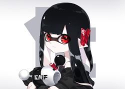 Rule 34 | amatya, black hair, black shirt, black sweater, blunt bangs, closed mouth, commentary, earclip, eyes visible through hair, from side, frown, grey background, holding, holding weapon, inkling, inkling girl, inkling player character, logo, long hair, looking at viewer, luna blaster (splatoon), nintendo, off-shoulder sweater, off shoulder, pointy ears, portrait, red eyes, shirt, simple background, solo, splatoon (series), splatoon 2, sweater, tank top, tentacle hair, weapon