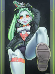 Rule 34 | 1girl, ass, black panties, blue skin, blush, breasts, colored sclera, colored skin, cyberpunk (series), cyberpunk edgerunners, fangs, green hair, gun, handgun, highres, holding, holding gun, holding weapon, jacket, leg up, long hair, looking at viewer, navel, nipples, panties, rebecca (cyberpunk), red sclera, seraziel, small breasts, smile, solo, tattoo, teeth, tongue, tongue out, twintails, underwear, variant set, weapon, yellow eyes