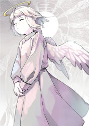Rule 34 | 1girl, ahoge, angel, angel wings, blunt bangs, blurry, closed eyes, closed mouth, commentary request, dress, feathered wings, grey background, halo, highres, himurohiromu, long sleeves, original, own hands together, short eyebrows, short hair, solo, wings