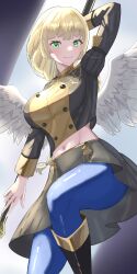 1girl absurdres black_skirt blonde_hair blue_pantyhose breasts closed_mouth commentary_request fire_emblem fire_emblem:_three_houses garreg_mach_monastery_uniform green_eyes highres holding holding_polearm holding_weapon ingrid_brandl_galatea large_breasts long_hair looking_at_viewer midriff navel nintendo pantyhose polearm skirt smile solo tarutaru193 weapon wings