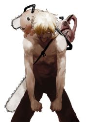 Rule 34 | 2boys, abs, animal, animal on shoulder, black pants, blonde hair, chainsaw, chainsaw man, cleaned, denji (chainsaw man), dog, fujimoto tatsuki, hair between eyes, leaning forward, looking at viewer, multiple boys, official art, one eye covered, open mouth, pants, pochita (chainsaw man), topless male, short hair, smile, tongue, tongue out, white background, yellow eyes