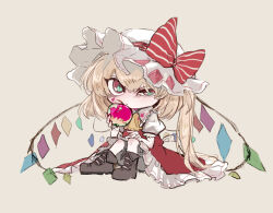 Rule 34 | 1girl, apple, ascot, blonde hair, bow, brown footwear, choushi bukkoki maru, closed mouth, collared shirt, flandre scarlet, food, frilled skirt, frills, fruit, full body, hair between eyes, hat, hat bow, hat ribbon, holding, holding food, holding fruit, long hair, looking at another, mob cap, multicolored wings, one side up, puffy short sleeves, puffy sleeves, red apple, red bow, red eyes, red ribbon, red skirt, red vest, ribbon, shirt, short sleeves, simple background, skirt, sleeve ribbon, solo, striped, striped bow, touhou, vest, white background, white hat, white shirt, wings, yellow ascot