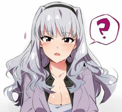 Rule 34 | 1girl, ?, blush, breasts, cleavage, hairband, idolmaster, idolmaster (classic), large breasts, long hair, looking at viewer, open mouth, purple eyes, shijou takane, silver hair, solo, spoken question mark, sweatdrop, tuxedo de cat