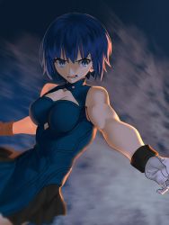 Rule 34 | 1girl, absurdres, angry, blue dress, blue eyes, blue hair, breasts, ciel (tsukihime), clothing cutout, commentary request, dress, gloves, highres, kizzif0012, looking away, medium breasts, melty blood, melty blood: type lumina, open mouth, powered ciel, short hair, sleeveless, solo, teeth, tsukihime, tsukihime (remake), white gloves