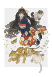 Rule 34 | 1girl, 2022, animal, black hair, bow, cat, chinese zodiac, floral print, flower, grey eyes, hair bow, highres, japanese clothes, kimono, long hair, long sleeves, looking at viewer, nekosuke (oxo), obi, original, print kimono, red flower, sandals, sash, solo, tiger, tiger cub, very long hair, white flower, year of the tiger, yellow bow