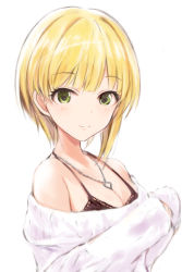 Rule 34 | 1girl, bare shoulders, blonde hair, blunt bangs, breasts, cleavage, green eyes, halterneck, heart, heart necklace, idolmaster, idolmaster cinderella girls, jewelry, light blush, looking at viewer, medium breasts, miyamoto frederica, nannacy7, necklace, off-shoulder sweater, off shoulder, ribbed sweater, short hair, simple background, smile, solo, sweater, upper body, white background, white sweater