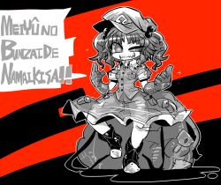 Rule 34 | 1girl, backpack, bag, gloves, grin, hair bobbles, hair ornament, hat, kawashiro nitori, key, romaji text, see-through, short hair, skirt, smile, solo, touhou, translation request, twintails, two side up, yt (wai-tei)