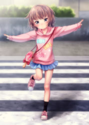 Rule 34 | 1girl, bag, balancing, blue skirt, blush, child, crosswalk, female focus, full body, highres, hood, hood down, hoodie, low twintails, original, outdoors, outstretched arms, pink footwear, pink hoodie, purple eyes, shoes, short twintails, shoulder bag, skirt, sleeves past wrists, socks, solo, spread arms, standing, standing on one leg, tekin, twintails
