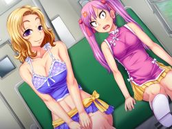 Rule 34 | 2girls, amano mitsurugi, blonde hair, blush, breasts, china dress, chinese clothes, cleavage, dress, game cg, large breasts, legs, long hair, looking at viewer, mama camp plus!, midriff, multiple girls, navel, pink hair, purple eyes, short hair, sitting, skirt, sleeveless, small breasts, smile, thighs, train, train interior, twintails