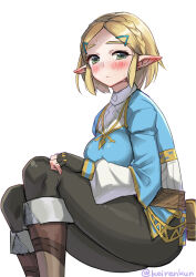 Rule 34 | 1girl, belt, black gloves, black pants, blonde hair, blue tunic, blush, boots, braid, breasts, brown belt, brown footwear, crown braid, ear blush, fingerless gloves, gloves, green eyes, hair ornament, hairclip, large breasts, long sleeves, looking at viewer, looking to the side, monbetsu kuniharu, nintendo, pants, pointy ears, princess zelda, simple background, sitting, solo, the legend of zelda, the legend of zelda: tears of the kingdom, tight clothes, tight pants, twitter username, white background