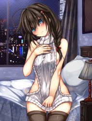 Rule 34 | 10s, 1girl, aran sweater, backless dress, backless outfit, bed, blue eyes, blush, braid, breasts, brown hair, cable knit, cowboy shot, dress, hair flaps, hair over shoulder, halterneck, highres, kantai collection, looking at viewer, meme attire, monikano, on bed, pillow, ribbed sweater, shigure (kancolle), shigure kai ni (kancolle), sideboob, single braid, sitting, solo, sweater, sweater dress, thigh gap, thighhighs, turtleneck, turtleneck sweater, virgin killer sweater, wide hips
