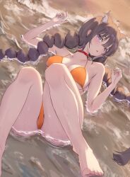 Rule 34 | 1girl, absurdres, ahoge, animal ears, barefoot, beach, belt, belt collar, bikini, blue eyes, braid, breasts, brown hair, cameltoe, cat ears, collar, commentary request, halo, hands up, highres, long hair, looking at viewer, low twintails, lying, medium breasts, on back, orange bikini, original, outdoors, parted lips, partially submerged, red belt, shitomu1, solo, swimsuit, twin braids, twintails, very long hair, wet