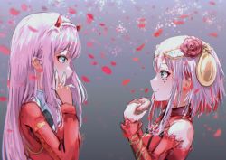 Rule 34 | 2girls, anift, aqua nails, closed mouth, commentary request, crossover, crown of thorns, darling in the franxx, destiny (takt op.), detached sleeves, doughnut, dress, eating, eyebrows hidden by hair, falling petals, flower, food, food on face, gradient background, green eyes, grey background, hair flower, hair ornament, hairband, hand on own face, horns, long hair, long sleeves, looking at another, multiple girls, nail polish, petals, pink hair, pink nails, red dress, red flower, red horns, red rose, rose, rose petals, short hair with long locks, takt op., upper body, white hairband, zero two (darling in the franxx)