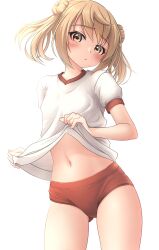 Rule 34 | 1girl, :/, absurdres, blush, breasts, brown eyes, buruma, closed mouth, clothes lift, commentary request, cowboy shot, cowlick, double bun, fingernails, furrowed brow, groin outline, gym shirt, gym uniform, hair bun, head tilt, highres, kantai collection, lifted by self, light brown hair, long sleeves, looking at viewer, makura (y makura), michishio (kancolle), midriff, navel, red buruma, shirt, shirt lift, short hair, short twintails, small breasts, solo, thighs, twintails, white shirt