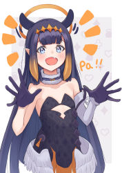 Rule 34 | 1girl, bare shoulders, black gloves, black hair, blue eyes, blush, collarbone, detached sleeves, eyebrows hidden by hair, fang, flat chest, gloves, halo, highres, hololive, hololive english, kenjun, long hair, looking at viewer, low wings, mole, mole under eye, ninomae ina&#039;nis, ninomae ina&#039;nis (1st costume), open hands, open mouth, single detached sleeve, solo, very long hair, virtual youtuber, wings
