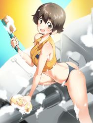 Rule 34 | 10s, 1girl, :d, ass, bare arms, bare shoulders, bikini, bikini bottom only, black bikini, blue background, blush, breast pocket, brown eyes, brown hair, butt crack, cleaning, cleaning brush, collarbone, collared vest, commentary request, crop top, cropped vest, from above, girls und panzer, hair between eyes, highres, holding, looking at viewer, mechanic, military, military vehicle, motor vehicle, nakajima (girls und panzer), open mouth, pocket, sasaki tatsuya, shiny skin, short hair, smile, soap, solo, sponge, straddling, swimsuit, tank, two-tone background, vest, washing vehicle, wet, yellow background, yellow vest