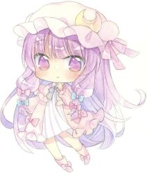 Rule 34 | 1girl, blush, bow, chibi, crescent, crescent hat ornament, dress, hair bow, hat, hat ornament, kagome f, long hair, looking at viewer, multiple hat bows, patchouli knowledge, purple eyes, purple hair, shoes, solo, striped clothes, striped dress, touhou, white background