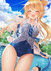 Rule 34 | 1girl, blonde hair, blouse, blue necktie, blue one-piece swimsuit, blush, bow, bow panties, bra, closed eyes, cloud, cloudy sky, collared shirt, commentary request, competition school swimsuit, day, facing viewer, fence, hair between eyes, hair ornament, hairclip, highres, holding, holding hose, hose, kin-iro mosaic, kujou karen, leg up, long hair, low twintails, minato ojitan, navel, necktie, one-piece swimsuit, open mouth, panties, pool, revision, school swimsuit, see-through, shirt, sky, slippers, solo, swimsuit, swimsuit under clothes, tree, twintails, underwear, water, wet, wet clothes, white bra, white shirt, x hair ornament