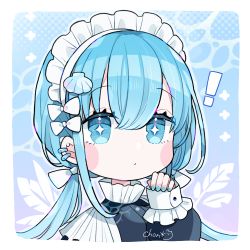 Rule 34 | !, + +, 1girl, black dress, blue hair, blue nails, blush stickers, bow, chibi, chon (chon33v), closed mouth, cropped torso, dress, ear piercing, hair between eyes, hair bow, long hair, long sleeves, looking at viewer, low twintails, maid, maid headdress, nail polish, original, piercing, pinching sleeves, puffy long sleeves, puffy sleeves, shell hair ornament, signature, sleeves past wrists, solo, twintails, upper body, white bow