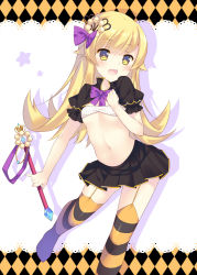 Rule 34 | 1girl, :d, bad id, bad pixiv id, bakemonogatari, bekotarou, blonde hair, garter straps, gradient eyes, hair ornament, halloween, highres, holding, long hair, looking at viewer, monogatari (series), multicolored eyes, navel, open mouth, oshino shinobu, pleated skirt, skirt, smile, solo, striped clothes, striped thighhighs, thighhighs, wand