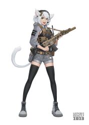 Rule 34 | 1girl, absurdres, animal ears, black shirt, black thighhighs, cat ears, cat girl, cat tail, chest rig, edzactly, green eyes, grey jacket, grey shorts, highres, jacket, military, military uniform, original, rifle, shirt, shorts, sig mcx, solo, tail, thighhighs, uniform, white background, white hair