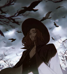 Rule 34 | 1boy, animification, bird, black sky, black vest, brown hair, closed mouth, cloud, collarbone, crow, facial hair, hat, highres, jacket, klaus hargreeves, long hair, long sleeves, looking at viewer, open clothes, open jacket, qin (7833198), sky, the umbrella academy, tree, vest, wind