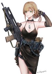 Rule 34 | 1girl, absurdres, adjusting hair, ammunition belt, artist name, assault rifle, bare shoulders, black choker, black dress, black gloves, blonde hair, breasts, bullpup, choker, cleavage, collarbone, commentary, dress, earpiece, elbow gloves, feet out of frame, gloves, green eyes, gun, handgun, highres, holding, holding gun, holding weapon, holster, holstered, jewelry, lithographica, long hair, looking at viewer, magazine (weapon), medium breasts, necklace, open mouth, original, parted lips, rifle, solo, standing, vhs-d2, watch, weapon, white background, wristwatch