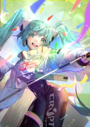 Rule 34 | 1girl, :d, absurdres, aqua hair, blue eyes, floating hair, hatsune miku, highres, kouhiipan, leaning forward, long hair, long sleeves, looking at viewer, open mouth, racing miku, racing miku (2022), single thighhigh, smile, solo, thighhighs, twintails, very long hair, vocaloid