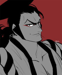 Rule 34 | 1boy, black hair, eyeliner, facial hair, food, japanese clothes, kouzuki oden, long hair, looking at viewer, makeup, male focus, manly, mature male, oden, one piece, pectoral cleavage, pectorals, pirate, red background, red eyeliner, samurai, sideburns, smile, solo, toothpick, wppyart