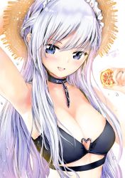 Rule 34 | 1girl, :d, arm behind back, arm up, armpits, azur lane, bad id, bad pixiv id, bare shoulders, belfast (azur lane), bikini, bikini top only, black bikini, blue eyes, blue hair, blush, breasts, broken, broken chain, brown hat, chain, cleavage, collar, food, frills, fruit, hat, heart o-ring, heart ring top, holding, holding food, holding fruit, jewelry, long hair, looking at viewer, maid headdress, medium breasts, open mouth, ring, signature, simple background, smile, solo, straight hair, straw hat, swimsuit, tsunano (koi pink), twitter username, upper body, water drop, white background