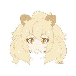 Rule 34 | 1girl, :&lt;, animal ears, artsy-rc, big hair, blonde hair, closed mouth, commentary, english commentary, fur collar, highres, kemono friends, lion (kemono friends), lion ears, looking at viewer, medium hair, portrait, signature, simple background, solo, white background, yellow eyes