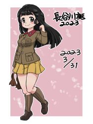 Rule 34 | 1girl, 2023, alternate hairstyle, birthday, black eyes, black hair, blunt bangs, blunt ends, blush stickers, boots, brown footwear, brown jacket, character name, chi-hatan military uniform, closed mouth, commentary, dated, girls und panzer, hair down, hair ribbon, hand in own hair, hasegawa tatsu, holding, holding ribbon, jacket, knee boots, long hair, long sleeves, looking at viewer, military, military uniform, miniskirt, outline, outside border, pink background, pleated skirt, ribbon, unworn ribbon, skirt, smile, solo, standing, takahashi kurage, translated, uniform, white outline, yellow skirt
