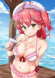 Rule 34 | 1girl, absurdres, ahoge, alternate costume, bikini, blue sky, breasts, cleavage, cloud, collarbone, commentary request, cup, day, disposable cup, drink, drinking straw, flower, frilled bikini, frills, green eyes, hair flower, hair ornament, hairclip, highres, holding, holding cup, holding drink, hololive, komasi, large breasts, looking at viewer, medium hair, navel, one side up, pink bikini, pink hair, sakura miko, sakura miko (hololive summer 2019), sky, solo, swimsuit, virtual youtuber, water, white bikini