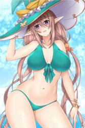 Rule 34 | 1girl, alternate breast size, bikini, bracelet, breasts, commentary, elf, english commentary, green bikini, hat, jewelry, large breasts, lindaroze, long hair, looking at viewer, looking down, navel, pointy ears, purple eyes, rinna mayfield, shining (series), shining resonance, solo, swimsuit, twisted torso, witch hat