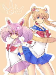 Rule 34 | 1990s (style), 2girls, age difference, arm behind back, bad id, bad pixiv id, bare legs, bishoujo senshi sailor moon, bishoujo senshi sailor moon s, blonde hair, blue eyes, blue sailor collar, blue skirt, bow, chibi usa, child, choker, closed mouth, cone hair bun, double bun, elbow gloves, gloves, hair bun, long hair, looking at viewer, magical girl, make2961, mielang, mother and daughter, multiple girls, orange background, parted bangs, pink choker, pink hair, pink sailor collar, pink skirt, pleated skirt, rabbit, red bow, red choker, red eyes, retro artstyle, sailor chibi moon, sailor collar, sailor moon, serious, short hair, side-by-side, simple background, sketch, skirt, smile, standing, tiara, tsukino usagi, white gloves