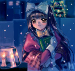 Rule 34 | 00s, 1girl, blurry, blurry background, book, bow, candle, christmas, christmas tree, closed mouth, dot nose, kokoro, kokoro (kokoro toshokan), kokoro toshokan, mediaworks, mutsuki (moonknives), night, non-web source, oekaki, outdoors, smile, snow, solo