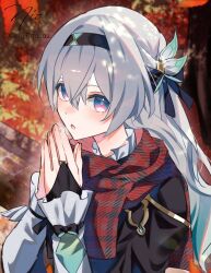 1girl alternate_costume autumn autumn_leaves black_hairband blue_pupils breath firefly_(honkai:_star_rail) grey_hair hair_intakes hairband highres honkai:_star_rail honkai_(series) long_sleeves multicolored_eyes om_rm1101 red_scarf scarf solo two-tone_eyes