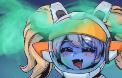 Rule 34 | 1girl, :d, astronaut poppy, blonde hair, closed eyes, facing viewer, fang, helmet, league of legends, long hair, open mouth, phantom ix row, poppy (league of legends), portrait, smile, solo, space helmet, star (symbol), starry background, twintails, yordle