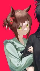 Rule 34 | 2girls, absurdres, air shakur (umamusume), animal ears, arm hug, black shirt, brown hair, closed mouth, clover hair ornament, fine motion (umamusume), frilled shirt collar, frills, green eyes, green shirt, hair between eyes, hair ornament, hairband, highres, horse ears, long sleeves, looking at viewer, multicolored hair, multiple girls, out of frame, red background, shirt, smile, solo focus, tamayume, two-tone hair, umamusume, upper body