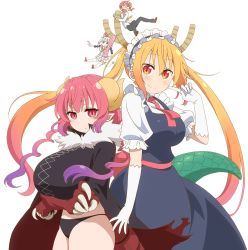 Rule 34 | 4girls, black panties, blue eyes, blunt bangs, breasts, claws, closed mouth, crossed arms, dragon tail, gloves, gradient hair, half-closed eyes, horns, huge breasts, ilulu (maidragon), kanna kamui, key visual, kobayashi-san chi no maidragon, kobayashi (maidragon), large breasts, large tail, long hair, looking at viewer, maid, maid headdress, mini person, minigirl, multicolored hair, multiple girls, official art, orange hair, panties, pants, pointy ears, promotional art, red eyes, red hair, shirt, shortstack, slit pupils, smile, tail, tohru (maidragon), transparent background, underwear, very long hair, white gloves, white hair