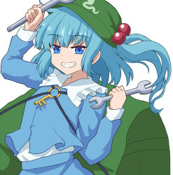 Rule 34 | 1girl, backpack, bag, blue eyes, blue hair, blue jacket, blue skirt, breasts, commentary request, elbow gloves, flat chest, gloves, green bag, green hat, grin, hair bobbles, hair ornament, hat, holding, holding wrench, jacket, kawashiro nitori, key, long sleeves, looking at viewer, medium hair, parted lips, simple background, skirt, skirt set, small breasts, smile, solo, sugiyama ichirou, teeth, touhou, twintails, two side up, white background, wrench