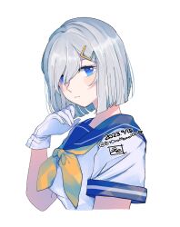 Rule 34 | 1girl, blue eyes, blue sailor collar, blush, breasts, closed mouth, commentary, cropped torso, dated, eto (etonomemo1008), gloves, hair between eyes, hair ornament, hair over one eye, hairclip, hamakaze (kancolle), highres, kantai collection, large breasts, looking at viewer, neckerchief, one-hour drawing challenge, sailor collar, short hair, short sleeves, signature, simple background, solo, symbol-only commentary, twitter username, upper body, white background, white gloves, yellow neckerchief