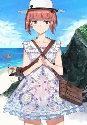 Rule 34 | 10s, 1girl, absurdres, alternate costume, bare shoulders, beach, blunt bangs, blush, brown eyes, brown hair, cartridge, casual, character name, cloud, cloudy sky, day, floral print, frilled skirt, frilled sleeves, frills, hat, highres, kanmiya shinobu, kantai collection, looking at viewer, military hat, ocean, octopus, outdoors, sailor hat, short hair, skirt, sky, solo, z3 max schultz (kancolle), | |