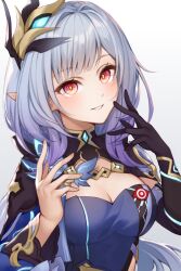 Rule 34 | 1girl, alternate eye color, alternate hair color, artist name, black gloves, breasts, cleavage, cleavage cutout, clothing cutout, commentary, dress, elysia (honkai impact), elysia (miss pink elf) (honkai impact), english commentary, finger to mouth, gloves, hair ornament, hands up, highres, hollyyn, honkai (series), honkai impact 3rd, long hair, long sleeves, looking at viewer, medium breasts, official alternate costume, parted lips, pointy ears, purple hair, red eyes, single glove, smile, solo, spoilers, teeth, upper body