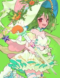 Rule 34 | 1girl, blush, breasts, brown eyes, fang, gloves, green background, green gloves, green hair, green hat, green shirt, green skirt, hair ornament, hat, highres, holding, holding staff, macross, macross frontier, open mouth, ranka lee, sechi (stst1850), shirt, skirt, small breasts, smile, solo, staff, star (symbol), star hair ornament, thigh strap, witch hat